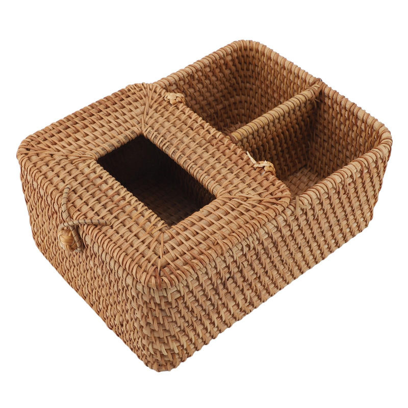 KONNWEI Rattan Taschentuchbox quadratisch in Braun mit 2 Fächern und Deckling für Fernbedienungen im Bohemian Stil - Bild 4