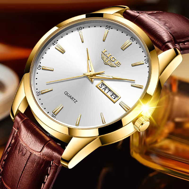 LIGE Armbanduhr Chronograph, Quarz, Leder, Gold, Herren - Bild 2