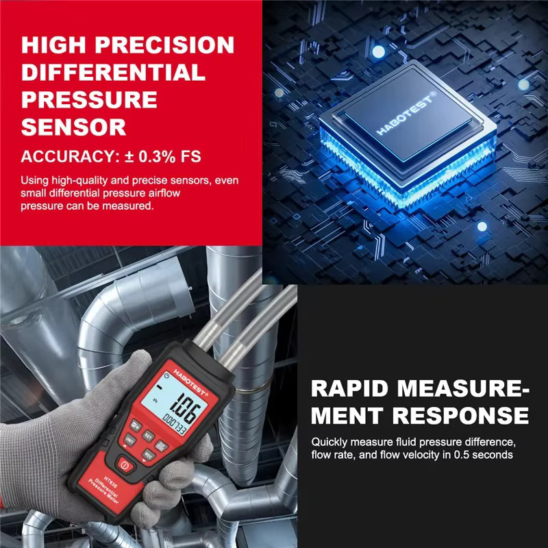 HABOTEST HT636 Digitales Differenzdruck-Manometer in Schwarz mit 12 Druckeinheiten zur Messung von Wind, Luftdruck und Differenzdruck - Bild 3