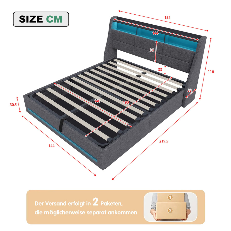 Fangange Gepolstertes Doppelbett mit Stauraum und RGB-LED in Grau, B/T/H: 160 x 200 cm, mit hydraulischem Gaslift, USB-Ladefunktion und Kopfteil-Regal - Bild 4
