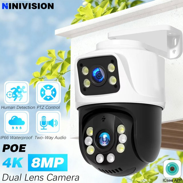 NINIVISION 4K 8MP ICSee Dual Lens POE PTZ IP Kamera mit Zwei-Wege-Audio, Menschlicher Erkennung und Nachtsicht in Weiß - Bild 1