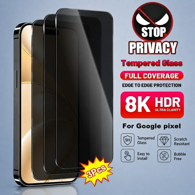 3er-Pack Anti-Spionage Panzerglas Displayschutzfolie für Google Pixel 11 10 9 Pro XL 8 Pro 7 6 transparent - Bild 1