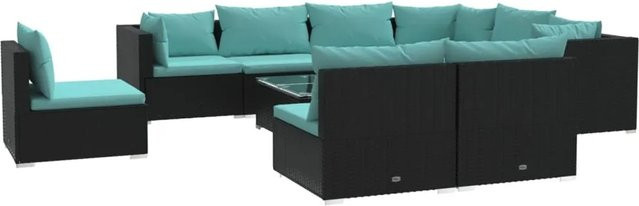 vidaXL 10-tlg. Garten-Lounge-Set in U-Form aus Poly Rattan mit Kissen und Couchtisch, Schwarz und Blau - Bild 1