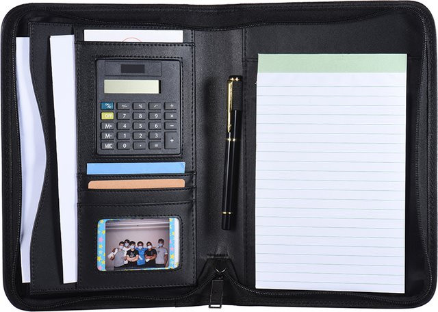 Professioneller Business-Portfolio-Ordner aus PU-Leder in A5 mit Reißverschluss und Taschenrechnerhalter, Schwarz - Bild 1