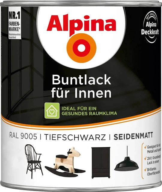 Alpina Buntlack für Holz in Tiefschwarz, seidenmatt, 0,75 l - Bild 1