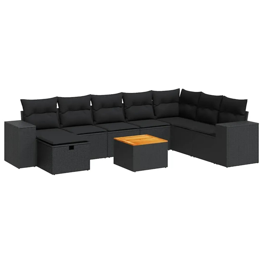 vidaXL 9-tlg Garten-Sofagarnitur in L-Form aus schwarzem Poly-Rattan mit Kissen und Akazienholz - Bild 2