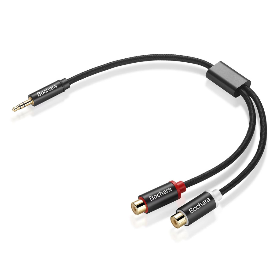 Bochara Audio-Konverterkabel Stereo-Aux-Stecker 3,5 mm auf 2 Cinch-Buchsen, geflochten, Schwarz, Länge: 30 cm - Bild 2