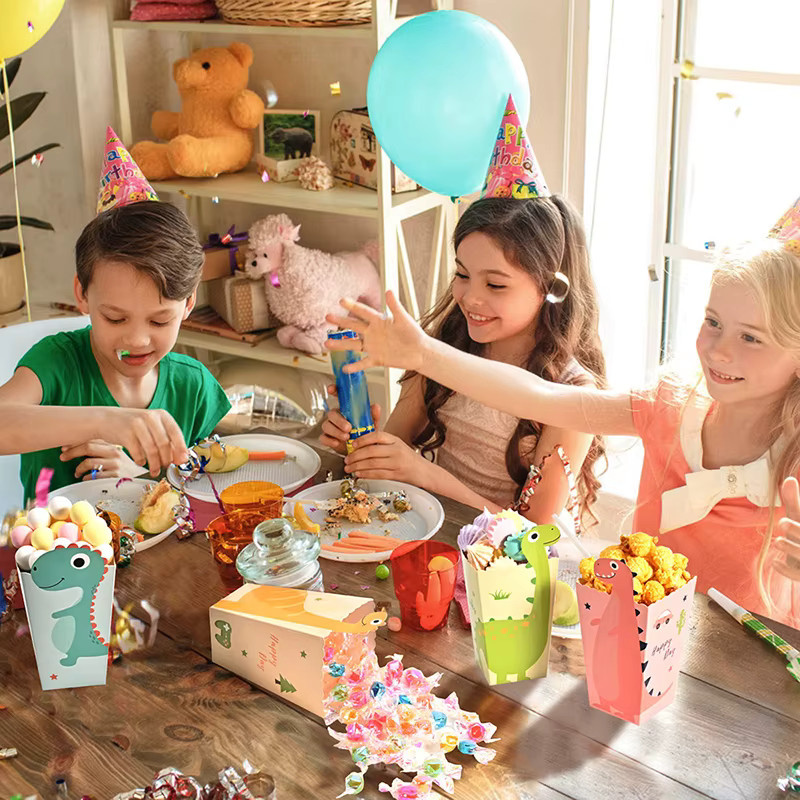 12er Set bunte Popcorn- und Keksboxen mit Cartoon-Dinosaurier-Muster aus Papier für Kindergeburtstage und Partys - Bild 2