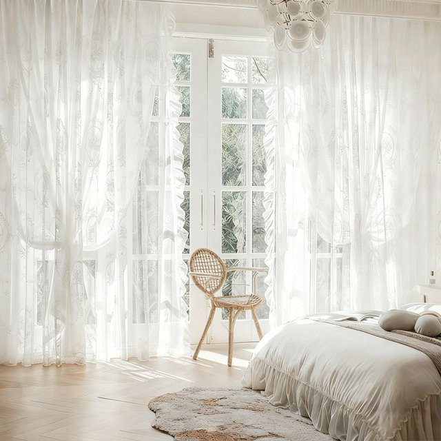 CENTURyMiG Vintage-Vorhang mit Rüschen und Spitze in Weiß, transparent als Lichtfilter und Sichtschutz für Schlafzimmer, Balkon oder Wohnzimmer - Bild 1