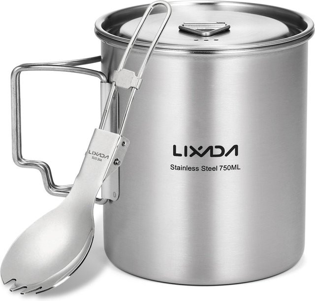 TOMTOP JMS Edelstahl-Campingtopf mit Deckel und faltbarem Griff, tragbarer Wasserbecher mit Löffel, Silber, 750 ml - Bild 1