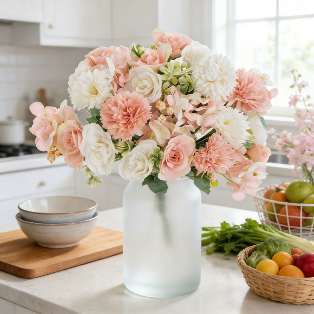 HUALIANQI Künstliche Blumen Mischung aus Chrysanthemen und Rosen in Rot und Mehrfarbig für Tischdekoration und Garten - Bild 1