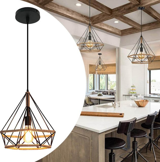 MengJay Vintage Pendelleuchte im Industrie-Loft-Stil mit E27 Fassung aus Metall und Hanfseil - Bild 1