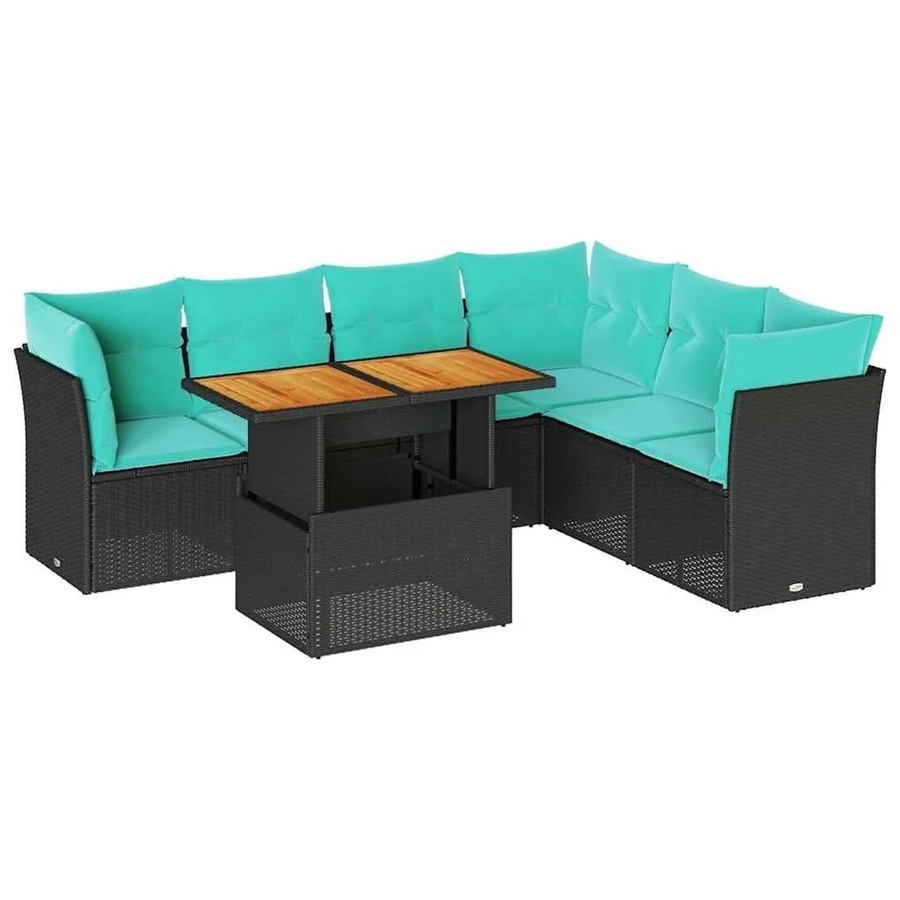 vidaXL 7-teilige Garten-Sofagarnitur in L-Form aus Poly-Rattan und pulverbeschichtetem Stahl in Schwarz mit Kissen und Stauraum - Bild 2