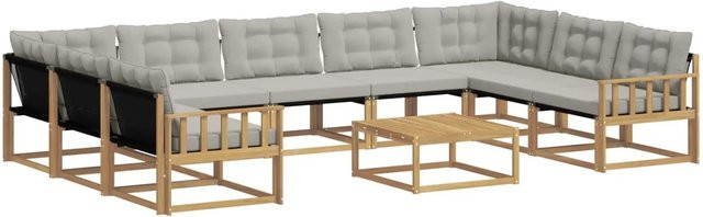vidaXL Outdoor-Sofagarnitur in L-Form aus massivem Akazienholz mit Textilene-Bezug und Kissen, 10-teilig, Weiß-Hellgrau - Bild 1
