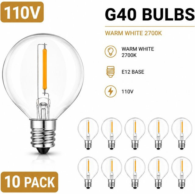 HuaJin Lighting 10 Stück G40 LED Ersatz-Glühbirnen E12 Warmweiß, Kunststoff-Globusbirnen für Lichterketten im Innen- und Außenbereich, IP44, 110V - Bild 1