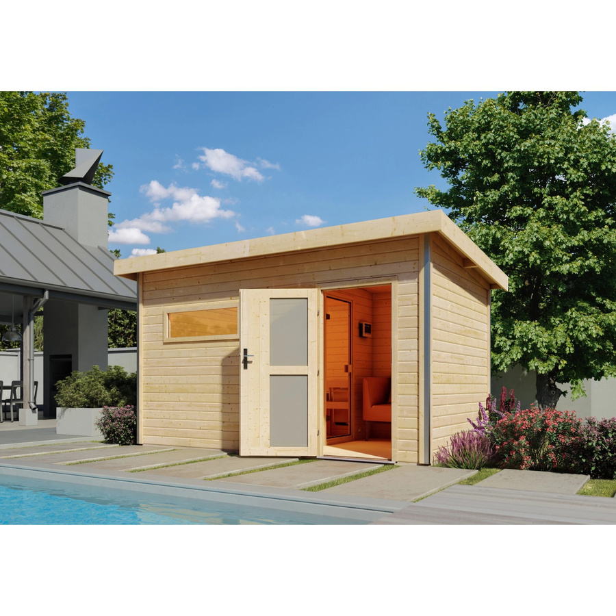 Karibu Saunahaus Hendrik 3 aus nordischer Fichte in Brown mit 9kW Ofen und externer Steuerung - Bild 2