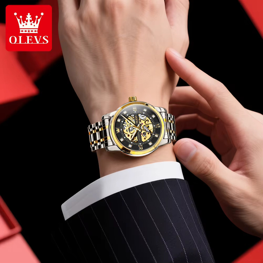 OLEVS Herrenuhr, Automatik, Edelstahl, Diamantbesetzt, Schwarz - Bild 2