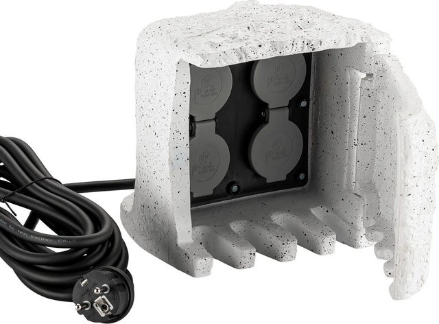 Wiltec 4-Fach Gartensteckdose in Steinoptik mit 5m Kabel, IP44 Outdoor Außensteckdose in Grau und Weiß - Bild 1