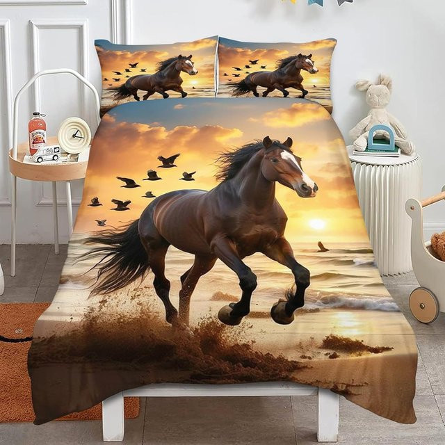 Flylo Bettwäsche Set für Kinder mit Reitermotiv und Tieren, braun, Polyester, B/H: 180 x 210 cm - Bild 1
