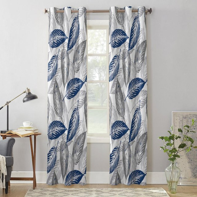 Binchi Outdoor Equipment Moderne Fenstervorhänge mit Laubstruktur in Blaugrau, halbtransparentes Polyester mit Ösen, Breite: 135 cm, Höhe: 92 cm - Bild 1