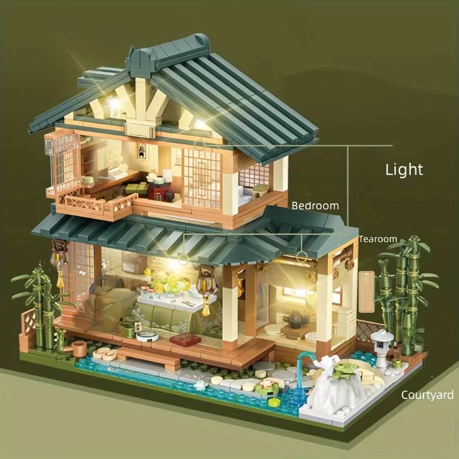 FUNXINEE Japanische Hütten-Bausteine Bären-Holzhaus-Modell, 1099 Teile, mit Licht - Bild 2