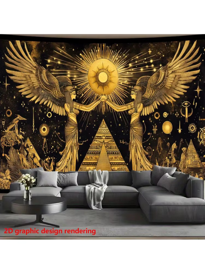 VIKAMA Wandteppich mit ägyptischer Göttin in Schwarz und Gold, Retro-Design mit Pyramide und Sonnengott-Motiv - Bild 5
