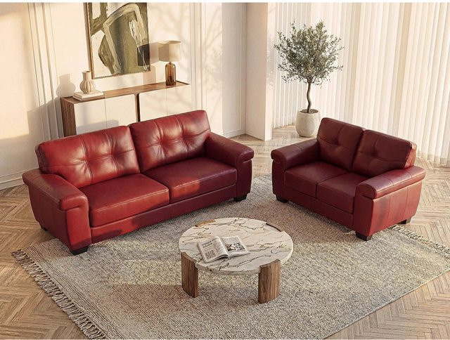 Couchgarnitur Hazel von Vente-unique in Rot mit Armlehnen aus Leder und Kunstleder, B/T/H: 207 x 161 cm - Bild 1