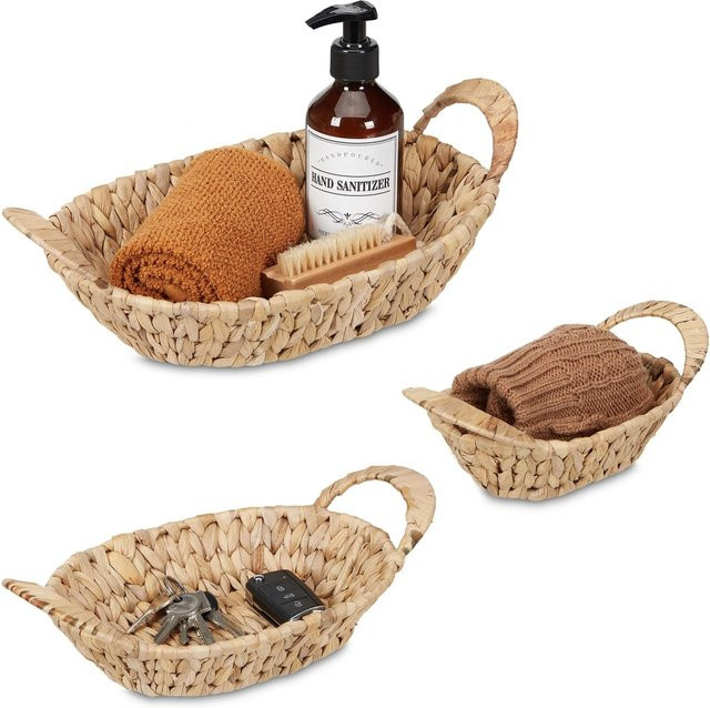 Relaxdays Aufbewahrungskörbe aus geflochtener Wasserhyazinthe in Natur, 3er Set, stapelbar, B/H/T: 35 x 11,5 x 22 cm - Bild 1