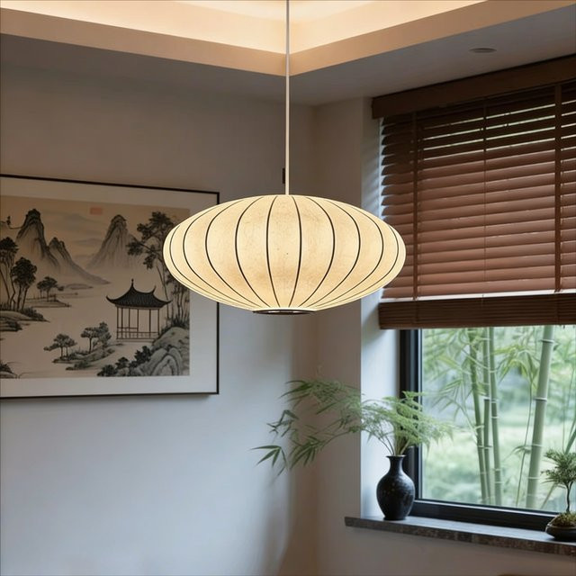 TAONUANSHU Wabi Sabi Pendelleuchte aus Seide und Metall, weiße Hängelampe mit E27 LED-Fassung für Wohnzimmer und Esszimmer - Bild 1
