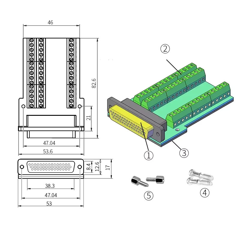 DIVEDEER HDB44 D-SUB Breakout-Anschlussplatinen-Adapter, 44-polig, 3 Reihen, industrieller lötfreier P-Pin-Loch-Stecker - Bild 5