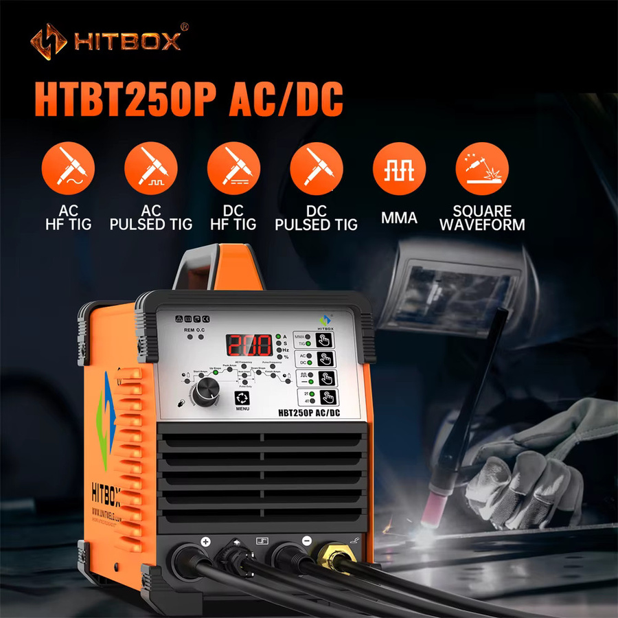 HITBOX HBT250P AC/DC TIG-Schweißgerät mit Puls-Inverter-Technologie für Aluminium, Edelstahl und Kupfer, HF TIG 2T/4T und MMA ARC, digitale Anzeige, 220V - Bild 2