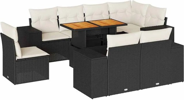 vidaXL 9-teilige Garten-Sofagarnitur aus Poly-Rattan und Akazienholz in Schwarz-Creme mit Kissen - Bild 1