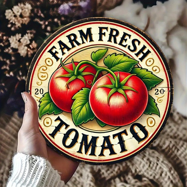 Runde Wanddekoration aus Metall von Potdemiel mit Tomaten-Illustration im Vintage-Stil, Durchmesser: 20,32 cm - Bild 1