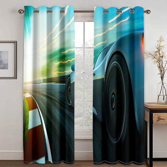 Yiran Furniture Sportwagen Vorhänge für Kinder mit 3D-Design, 2 Paneele, halbtransparent, Mehrfarbig, B: 50 cm, H: 130 cm - Bild 1
