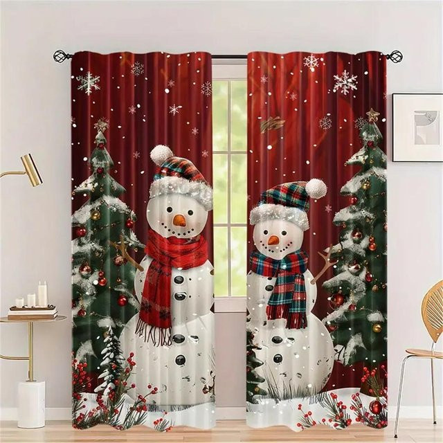 2-teiliges Set Weihnachtsvorhänge von Yiran Furniture mit Weihnachtsmann-Motiv in Rot, Polyester mit Digitaldruck und Stangentaschen, B: 110 cm, H: 214 cm - Bild 1
