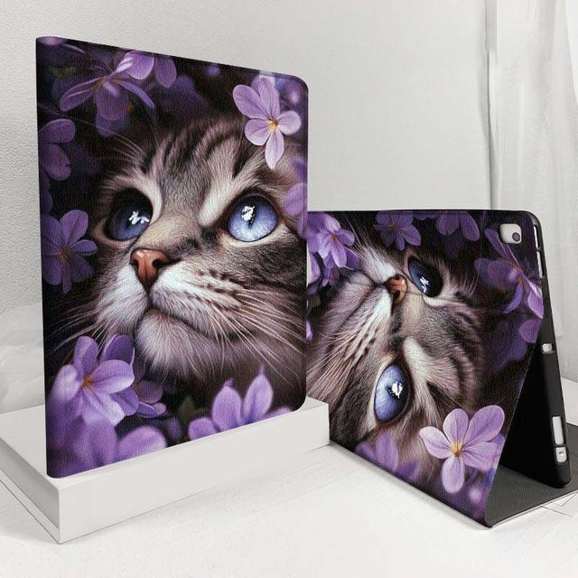 Samsung Galaxy Tab Hülle mit süßem Cartoon-Katzen-Design in Lila für verschiedene Modelle wie S11 S10 S9 S8 S7 S6 A11 A9 A8 A7 Lite FE Plus - Bild 1