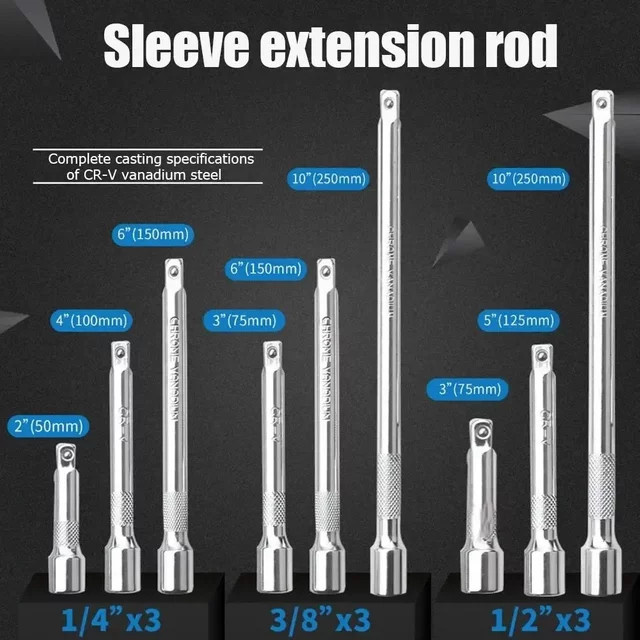 Antriebsverlängerungsset für Steckschlüssel und Ratschen in Silber mit 1/4", 3/8" und 1/2" Antrieb sowie Längen von 50mm, 100mm, 150mm und 250mm - Bild 1