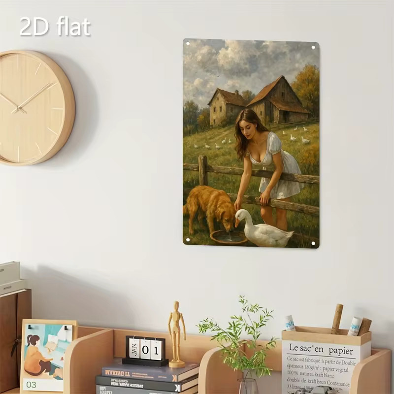 HELLOYOUNG Vintage-Wandschild aus Metall in Mehrfarbig mit Bauernhaus-Motiv, Mädchen und Hund, Rechteckiges Landhaus-Dekor aus Eisen, B/H: 30 x 20 cm - Bild 4