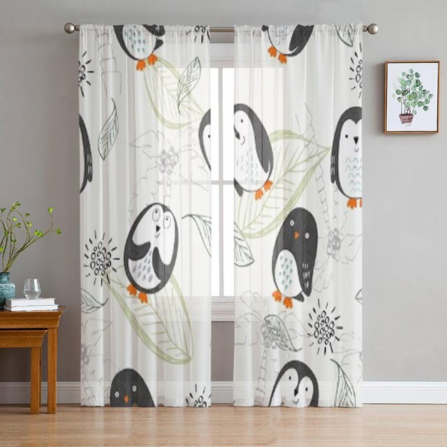 Super Six Pinguin Cartoon Transparent Fenster Vorhänge aus Chiffon und Organza, Weiß, Breite: 135 cm, Höhe: 244 cm, 2er Set - Bild 1