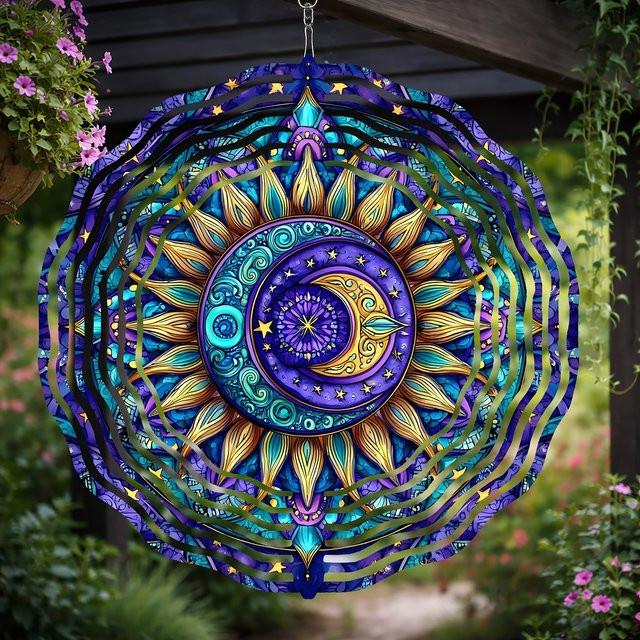 CIFBUY Boho Mandala Windspiel aus Metall mit Sonne und Mond in Blau Lila Gold - Bild 1