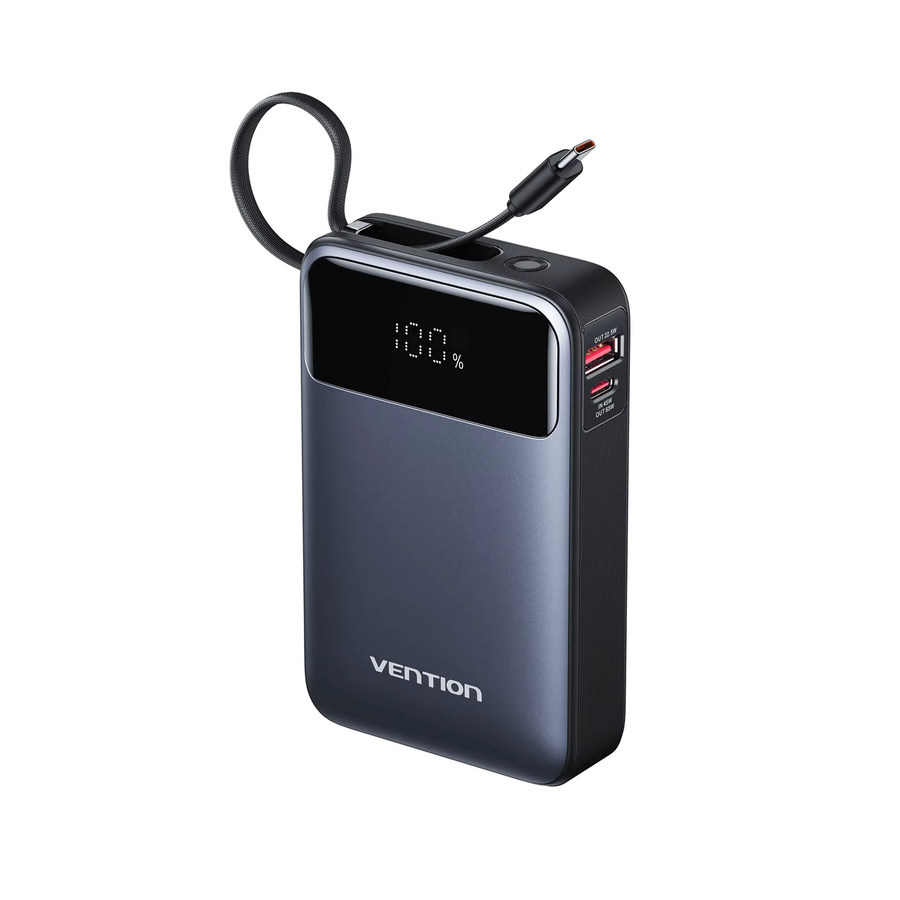 Vention Powerbank 20000mAh mit PD 65W Schnellladung und eingebautem USB-C-Kabel in Schwarz - Bild 6