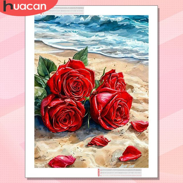 HUACAN Diamant-Kunstmalerei Rosen-Strandlandschaft als Mosaik-Bild mit runden Steinen in Multicolour, B/H: 30 x 20 cm - Bild 1