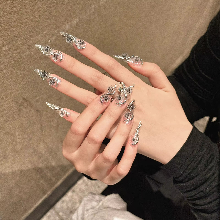 YADORNOS Stiletto-Nägel zum Aufdrücken, 3D-Rosen-Blumendekor, Glänzend, 10 Stück - Bild 2