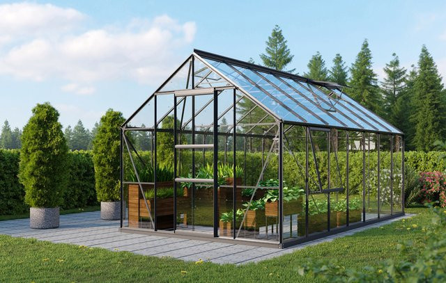 Vitavia Gewächshaus Meridian 11500 Schwarz mit 11,5 m² Fläche, Sicherheitsglas und Schiebetür - Bild 1