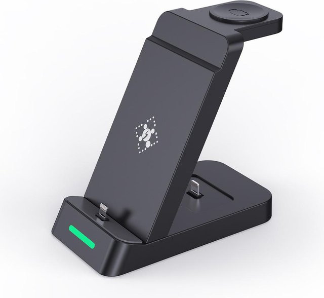 Happy Super Creative 3-in-1 kabelloses Ladegerät mit Ständer für iPhone, AirPods und Apple Watch, 15 W Schnellladestation, Schwarz - Bild 1