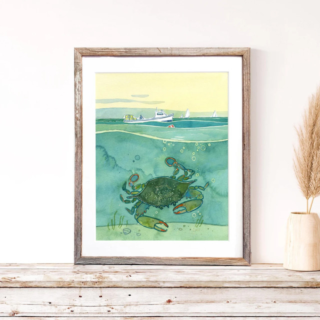Maritime Unterwasser-Krabben-Aquarell-Wandbild von SHENCHEN in Mehrfarbig auf Papier - Bild 1