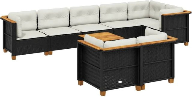 vidaXL 9-tlg Garten-Sofagarnitur aus Poly-Rattan und Akazienholz in Schwarz mit cremeweißen Kissen - Bild 1