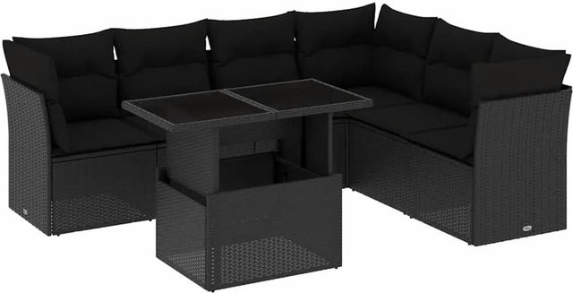 vidaXL 7-teilige Garten-Sofagarnitur in L-Form aus Poly-Rattan mit Kissen, Schwarz - Bild 1