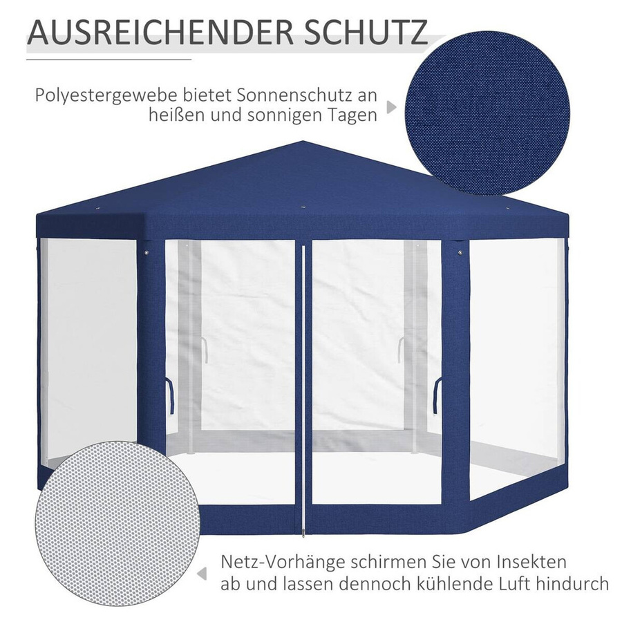 Outsunny Pavillon Sechseckig Blau mit 6 Seitenteilen und Moskitonetz, B/H/L: 341,2 x 250 x 394 cm - Bild 3