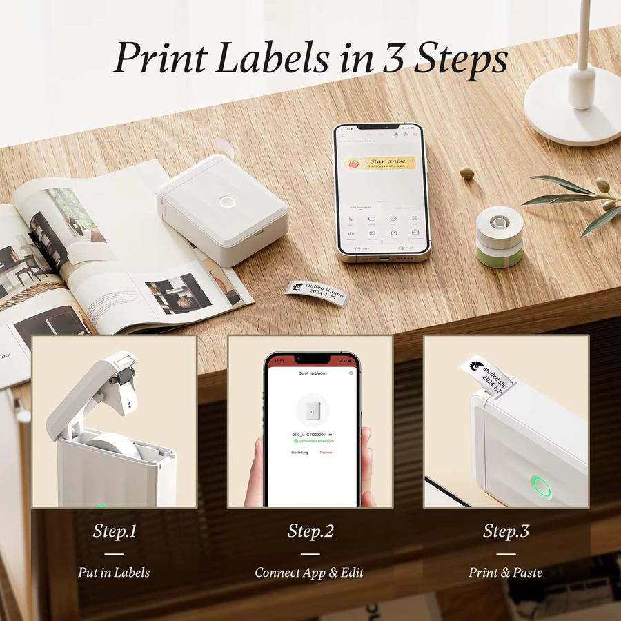 Niimbot D110M Label Thermo-Aufkleberdrucker in Weiß, kabelloser Bluetooth Mini-Drucker für Barcodes und UV-Tags - Bild 2